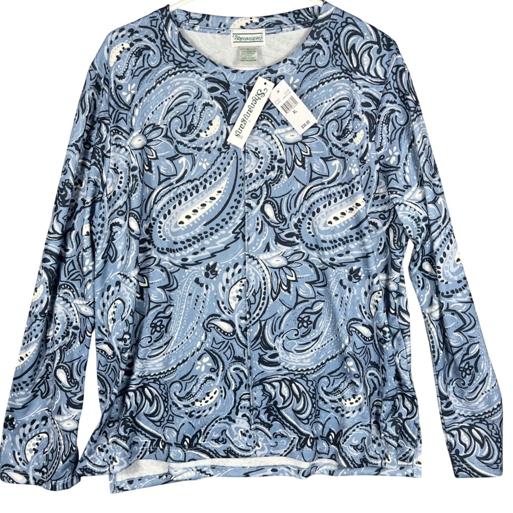 Shenanigans Top‎ Womens XL Blue Paisley Long Sleeve Crew Neck Pullover